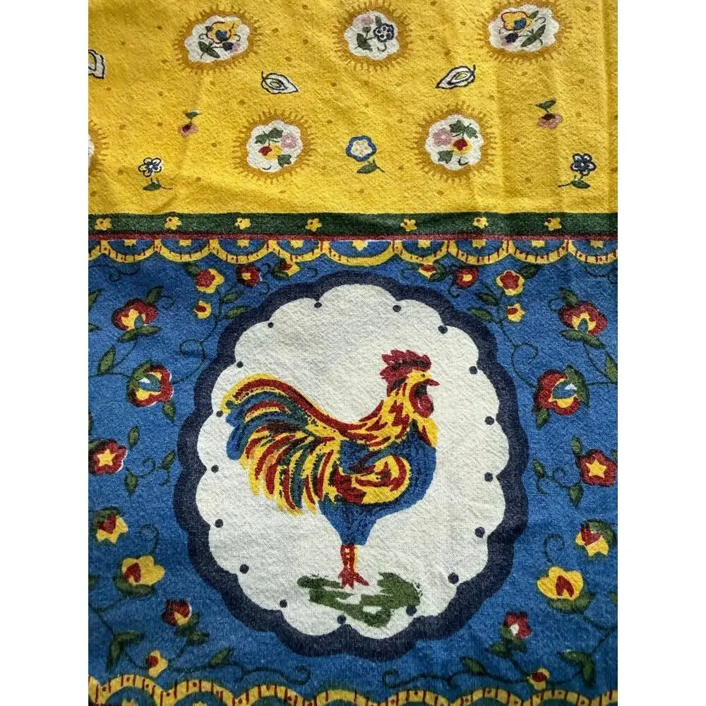 Vintage Style French Country Rooster Tablecloth Yellow Blue Floral Cotton 60x90